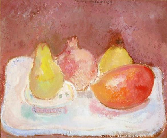 Afbeelding van het kunstwerk 'twee kweeperen, granaatappel en mango' van Rinny Reulink