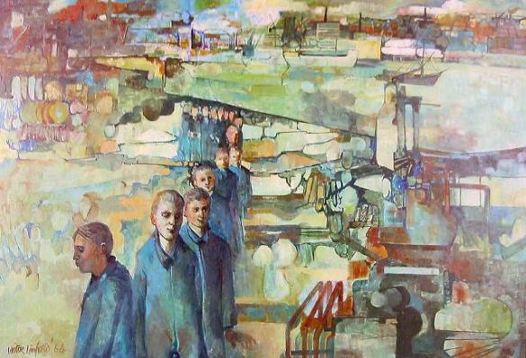 Afbeelding van het kunstwerk 'arbeiders in hun landschap' van Victor Linford