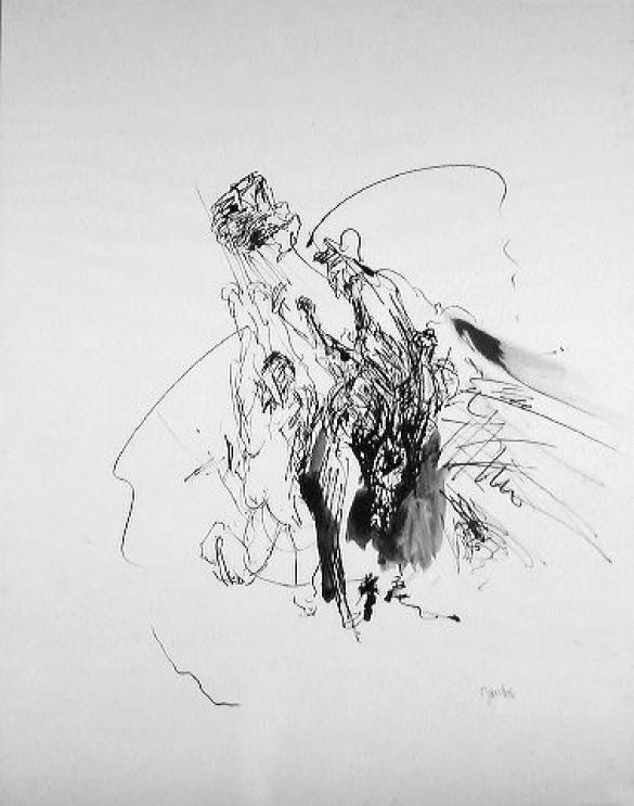 Afbeelding van het kunstwerk 'man werpt steen' van Jan Vos